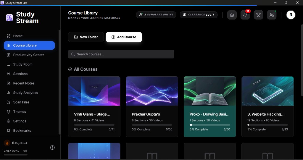 Study Stream Lite Course Library with course cards, section and video counts, progress bars, search, and Add Course